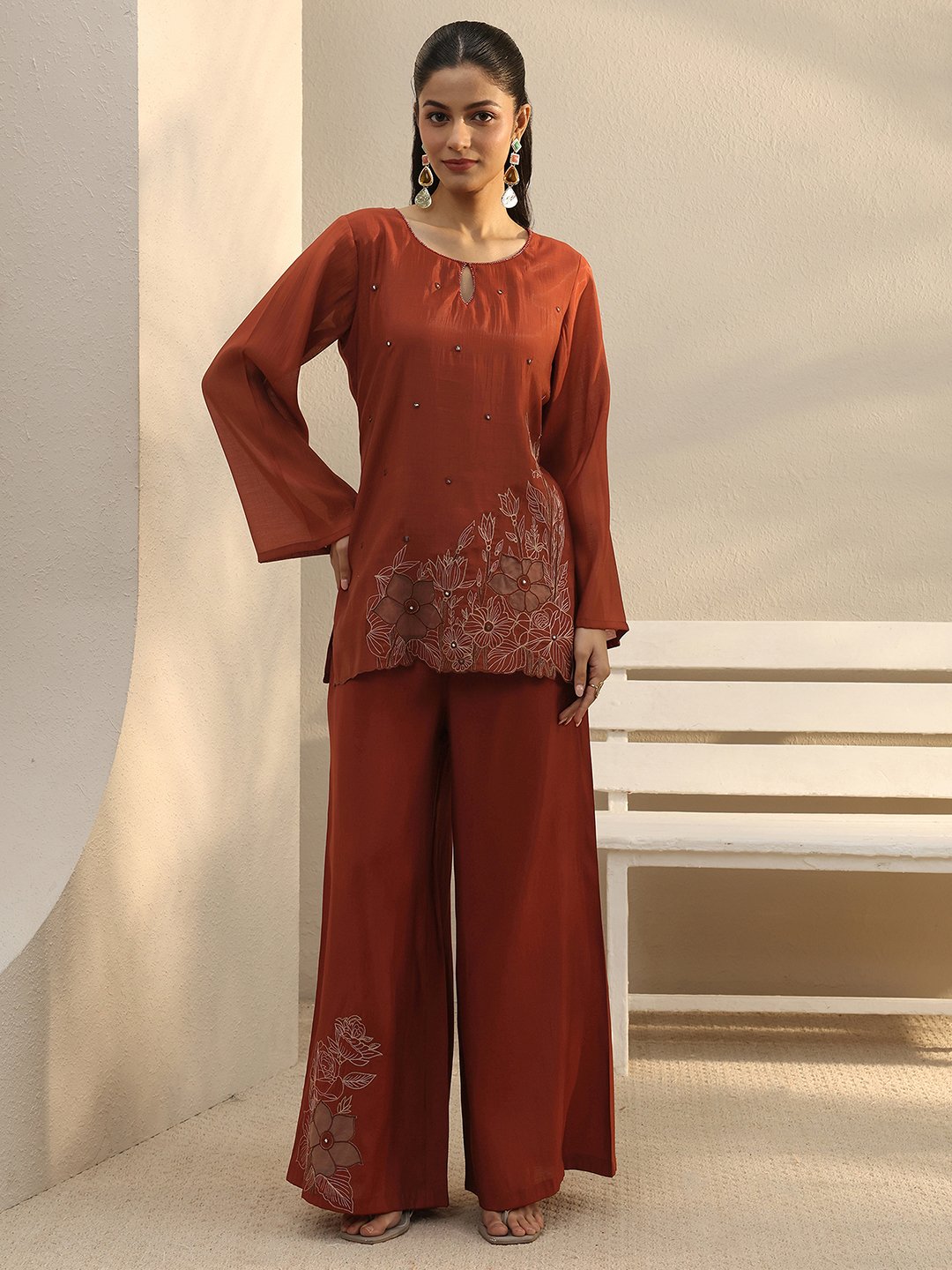 Rust Embroidered Chanderi Silk Co-ord Set with Full Sleeves