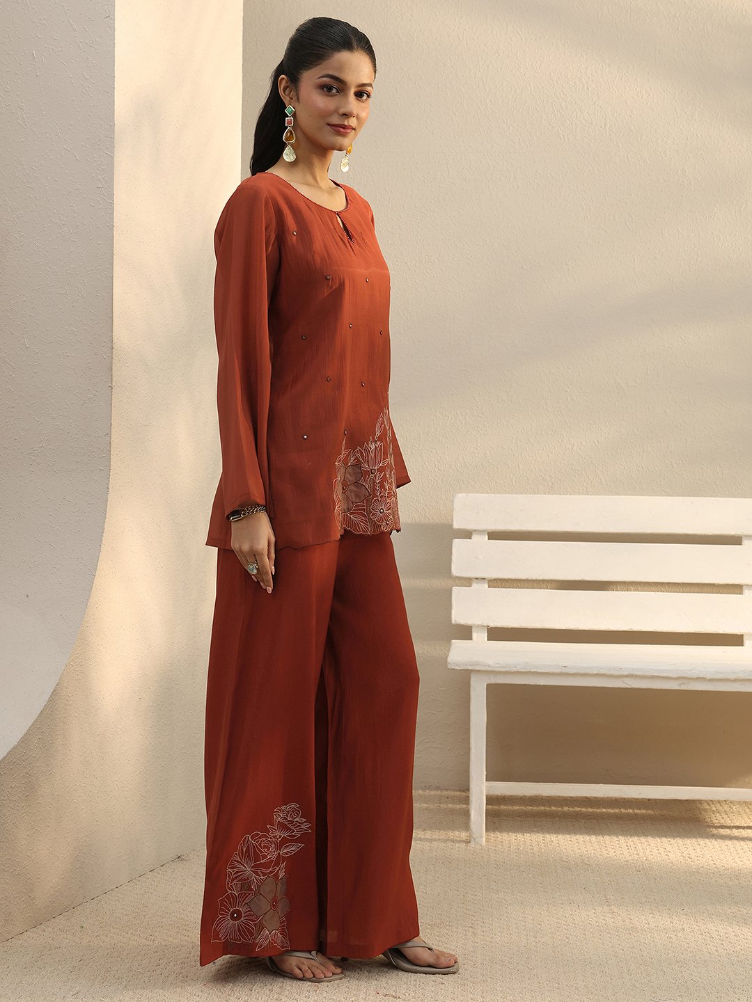 Rust Embroidered Chanderi Silk Co-ord Set with Full Sleeves