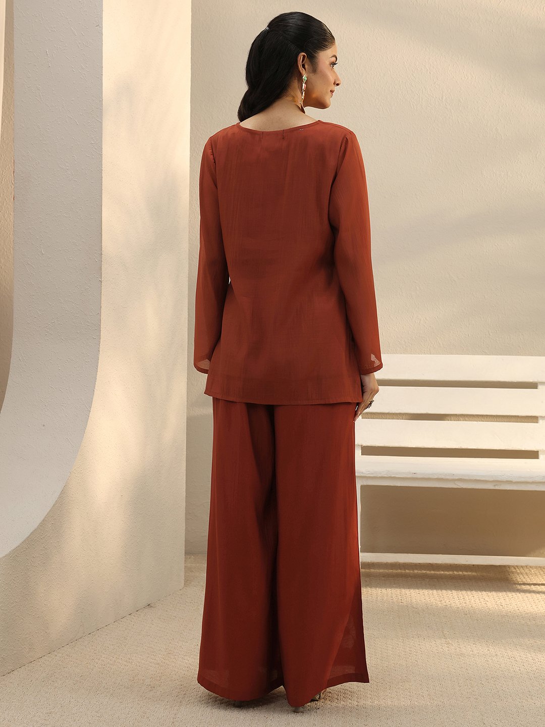 Rust Embroidered Chanderi Silk Co-ord Set with Full Sleeves