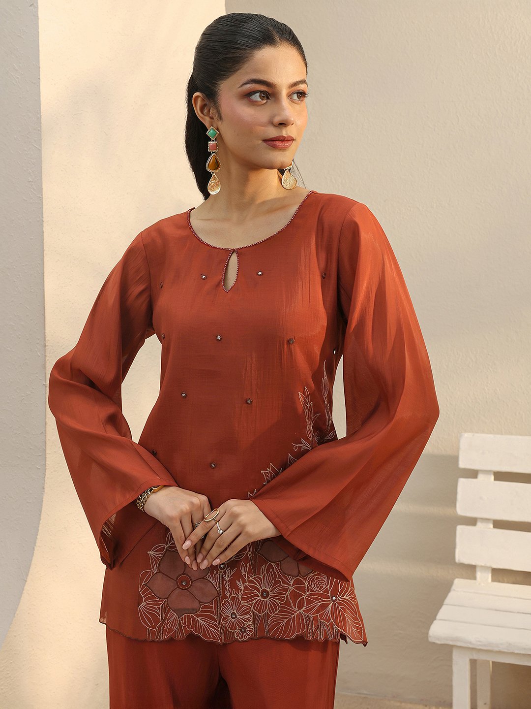 Rust Embroidered Chanderi Silk Co-ord Set with Full Sleeves