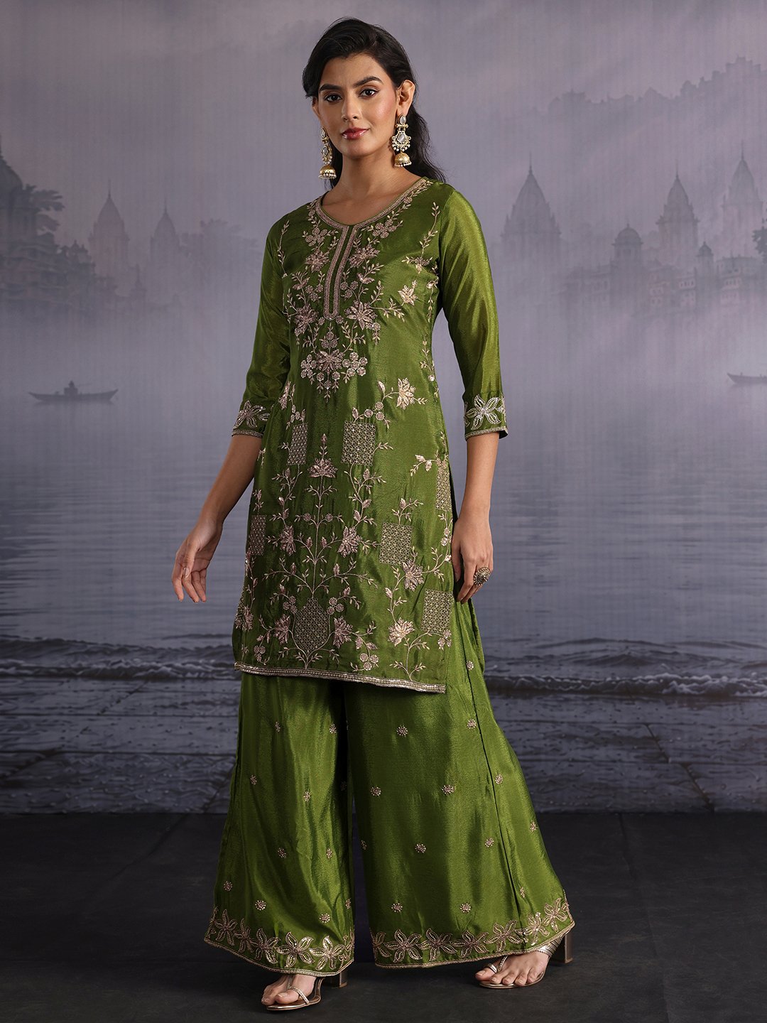 Emerald Embroidered Chinon Kurta Set with Palazzo and Dupatta