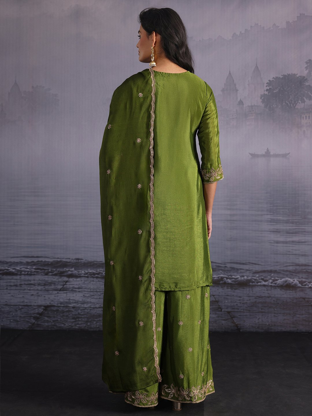 Emerald Embroidered Chinon Kurta Set with Palazzo and Dupatta