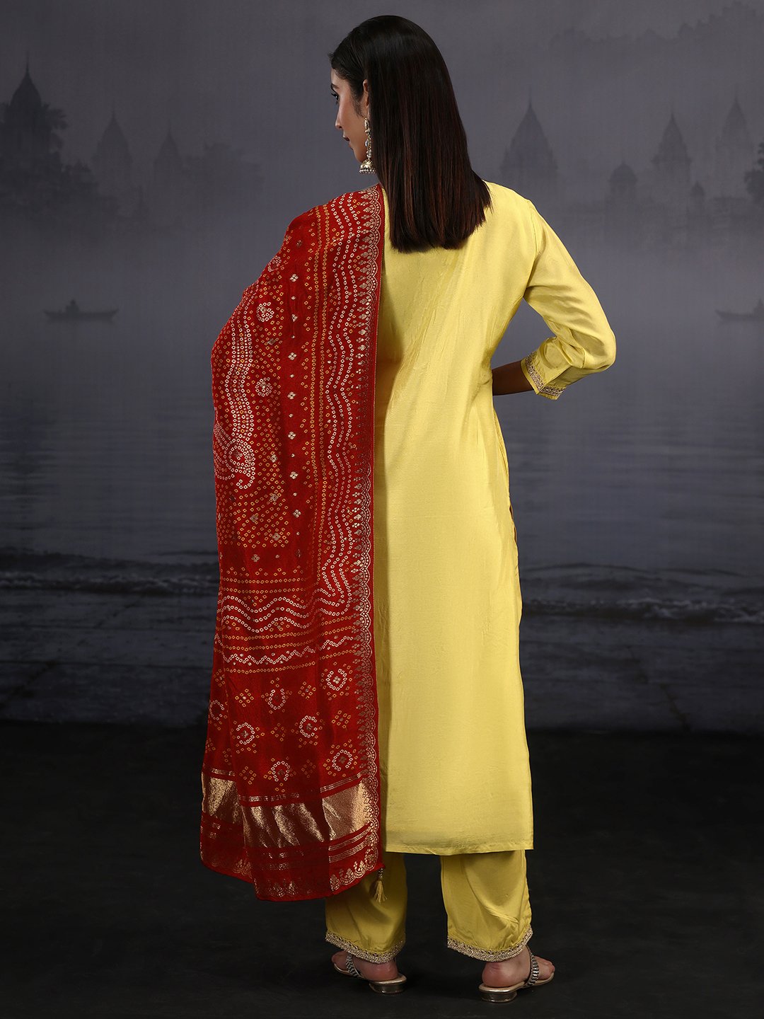 Mustard Yellow Embellished Silk Blend Kurta Set with Bandhani Dupatta