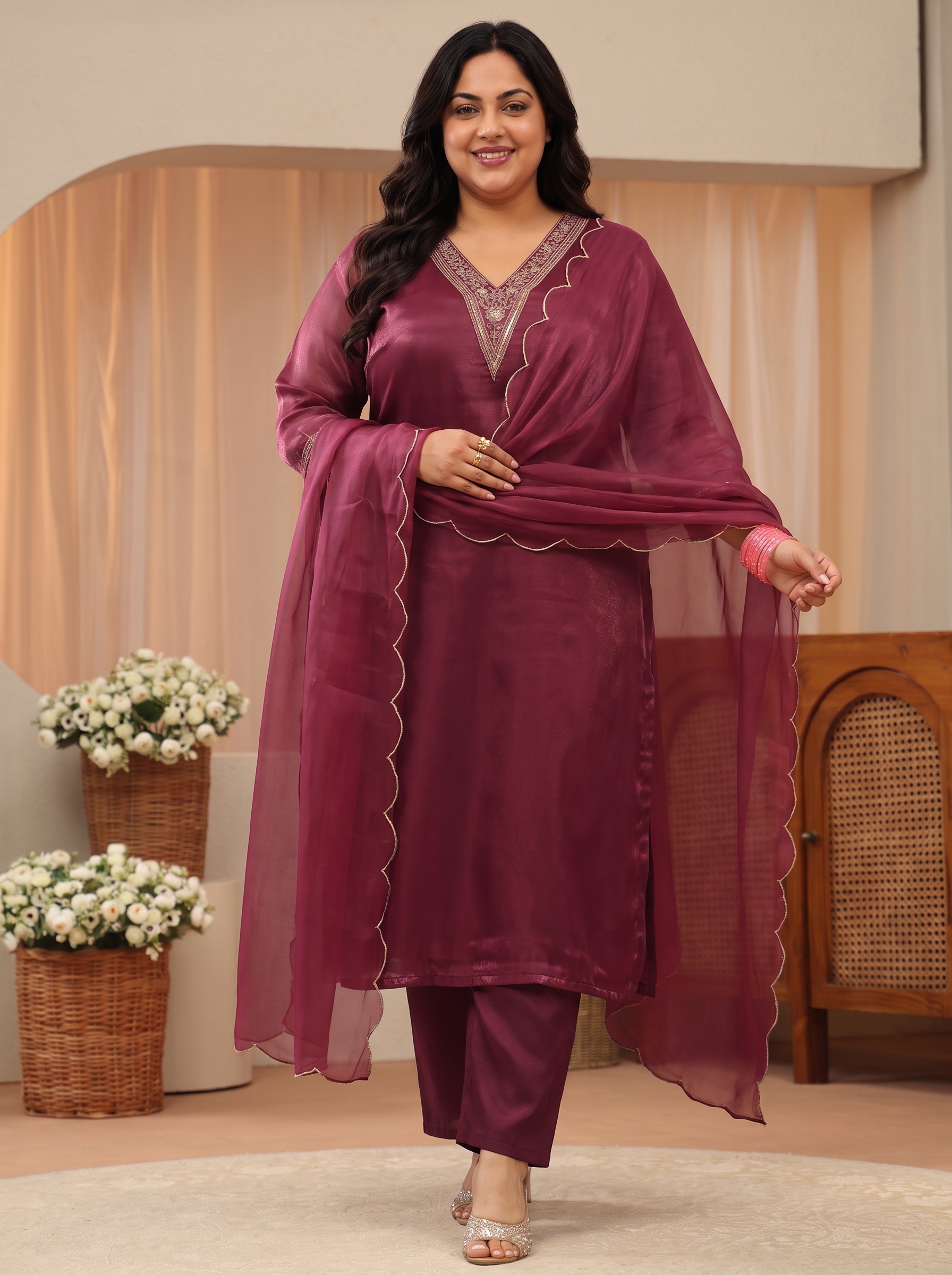 Plus Size Maroon Embroidered Kurta Set with Trousers and Dupatta