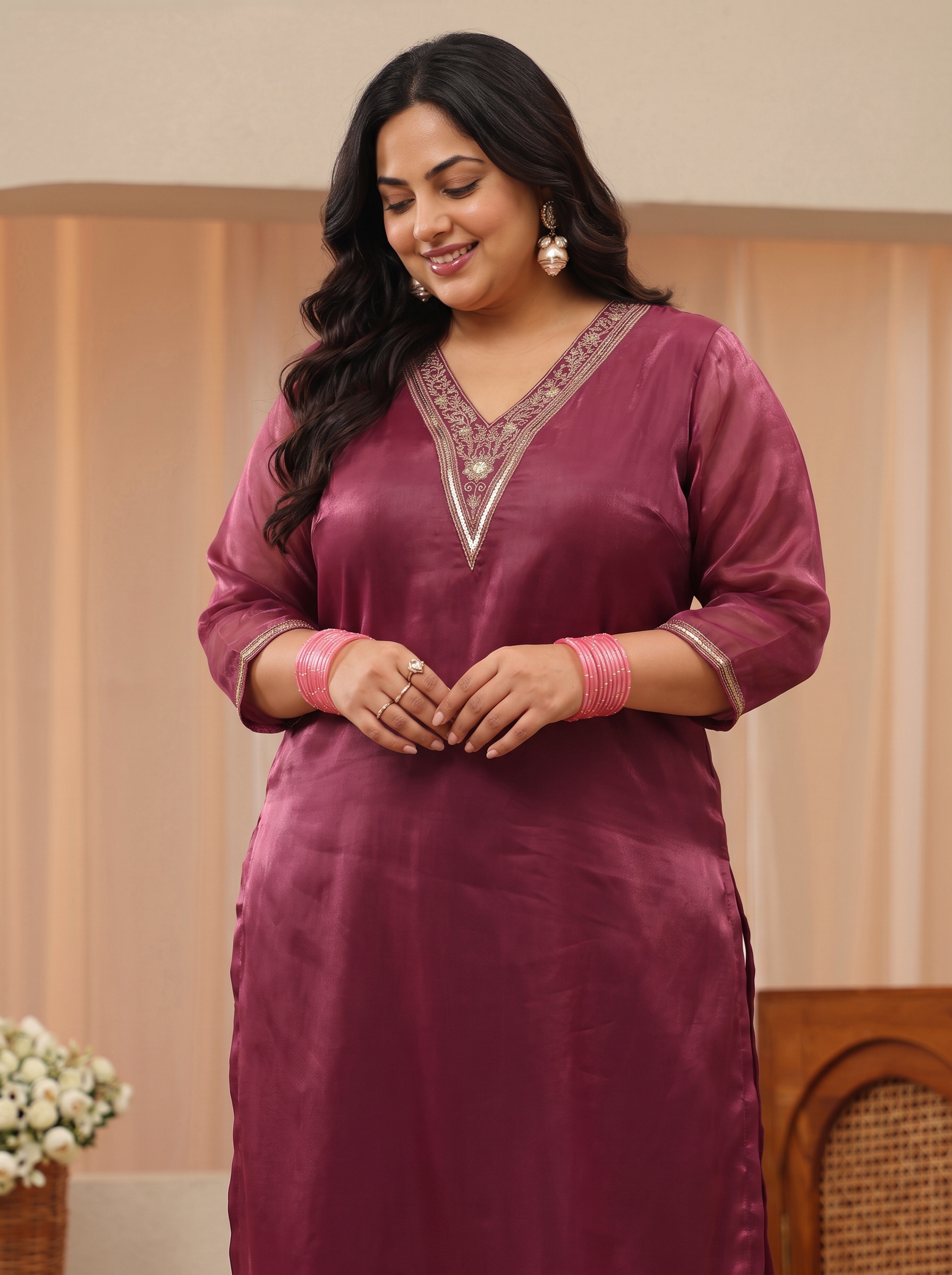 Plus Size Maroon Embroidered Kurta Set with Trousers and Dupatta