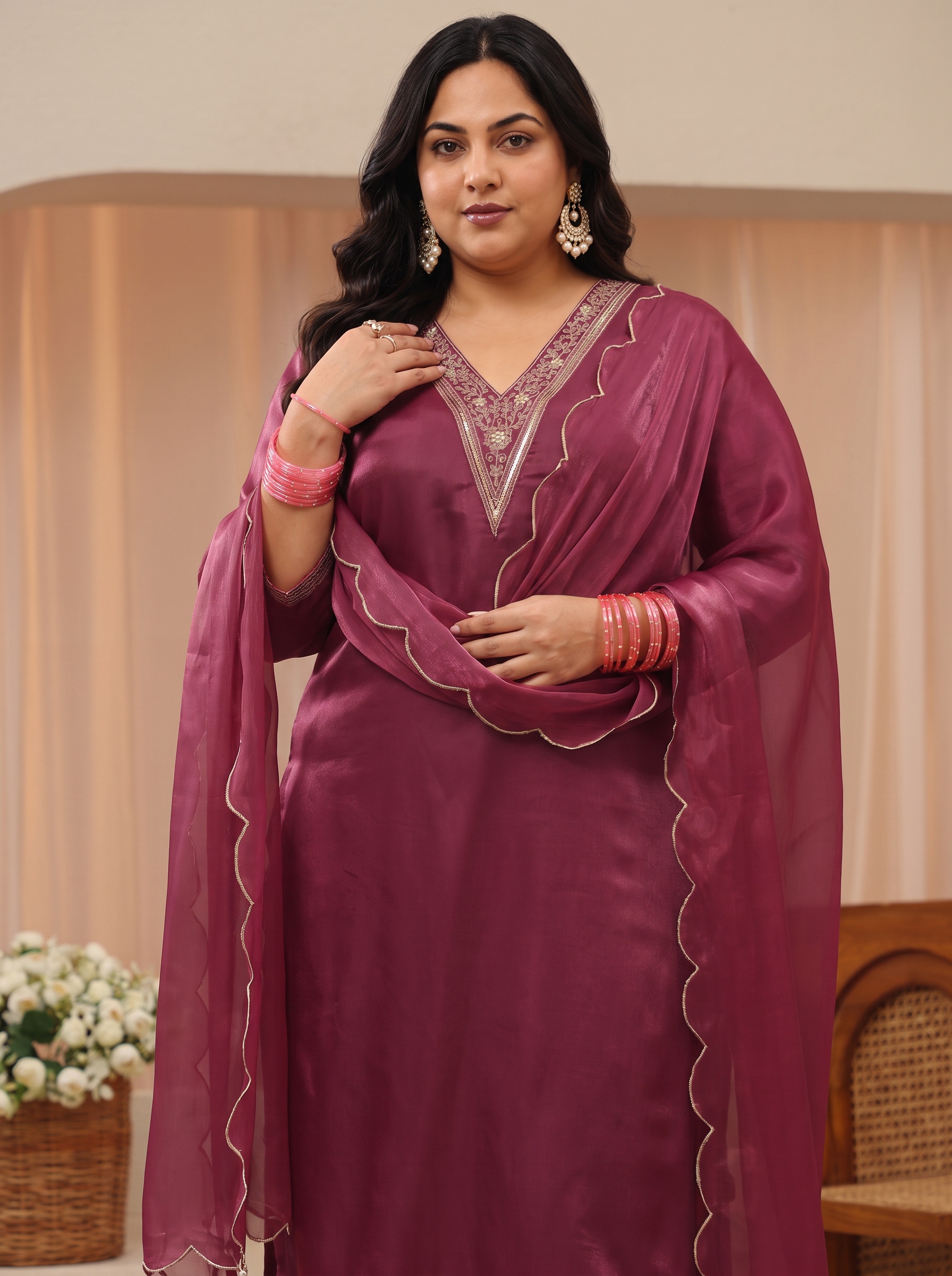 Plus Size Maroon Embroidered Kurta Set with Trousers and Dupatta