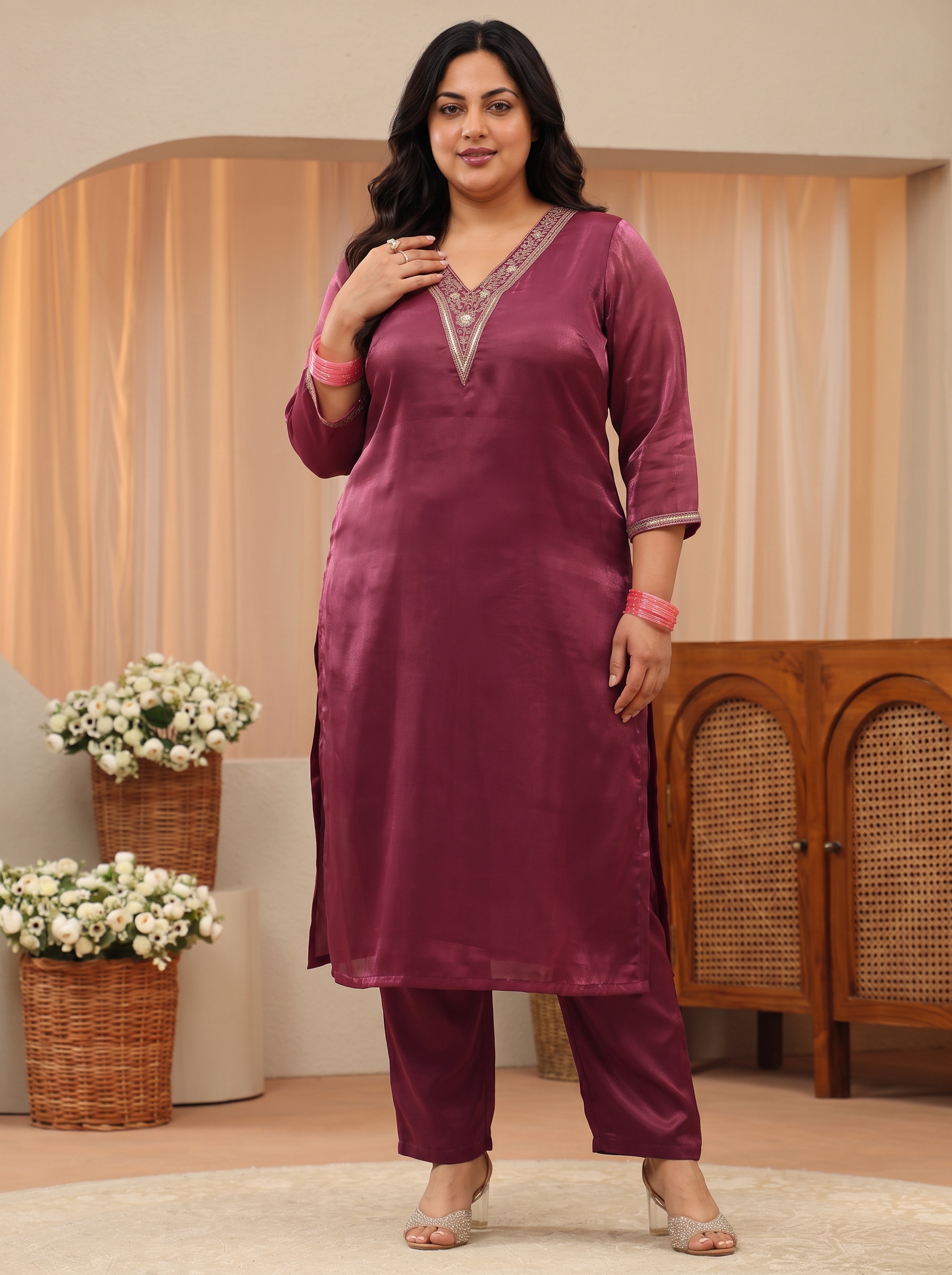 Plus Size Maroon Embroidered Kurta Set with Trousers and Dupatta