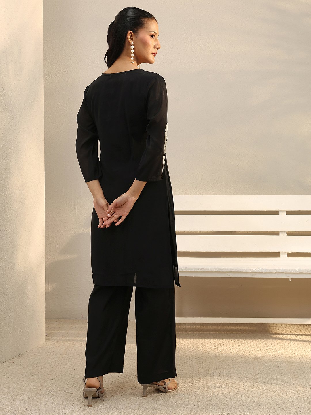 Black Floral Embroidered Co-ord Set with V-Neck