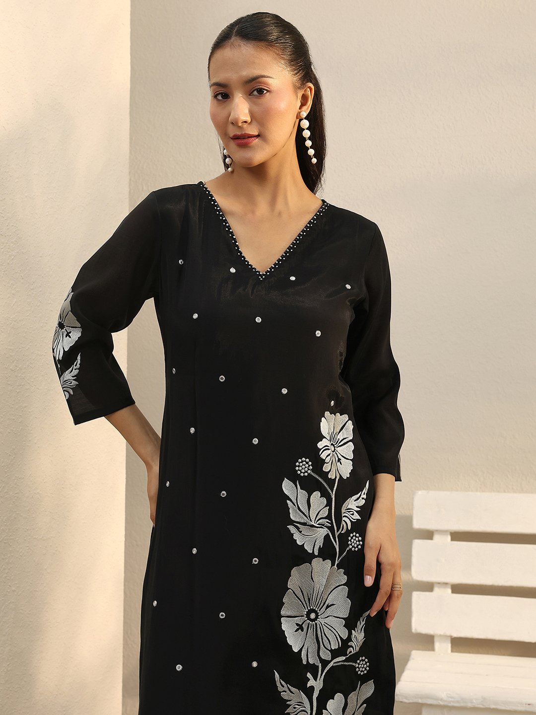 Black Floral Embroidered Co-ord Set with V-Neck