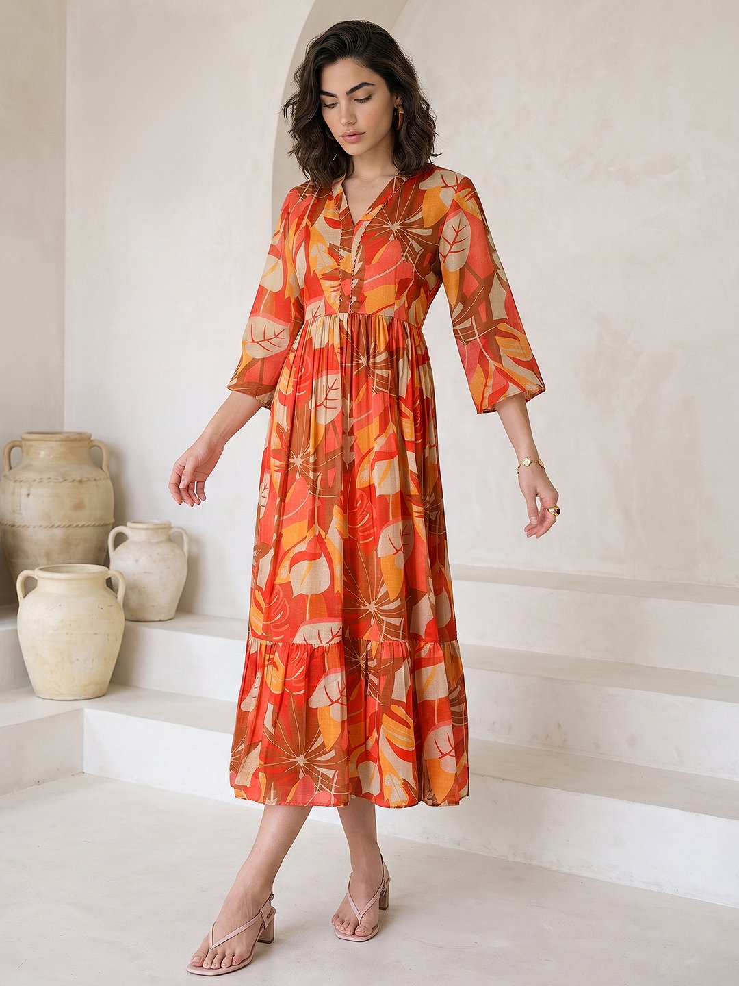 Multi-Print Chiffon Maxi Dress with V-Neck and Three-Quarter Sleeves