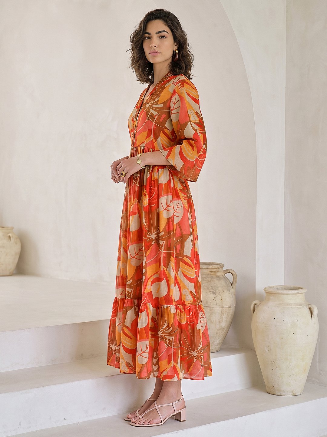 Multi-Print Chiffon Maxi Dress with V-Neck and Three-Quarter Sleeves