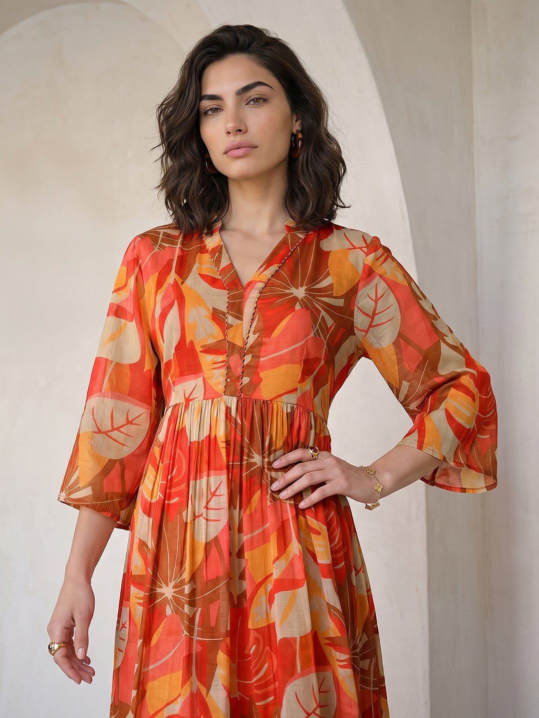 Multi-Print Chiffon Maxi Dress with V-Neck and Three-Quarter Sleeves