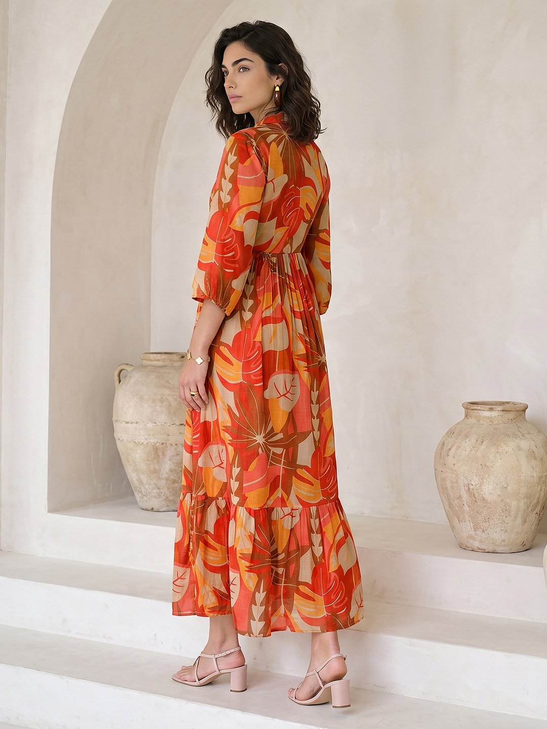 Multi-Print Chiffon Maxi Dress with V-Neck and Three-Quarter Sleeves