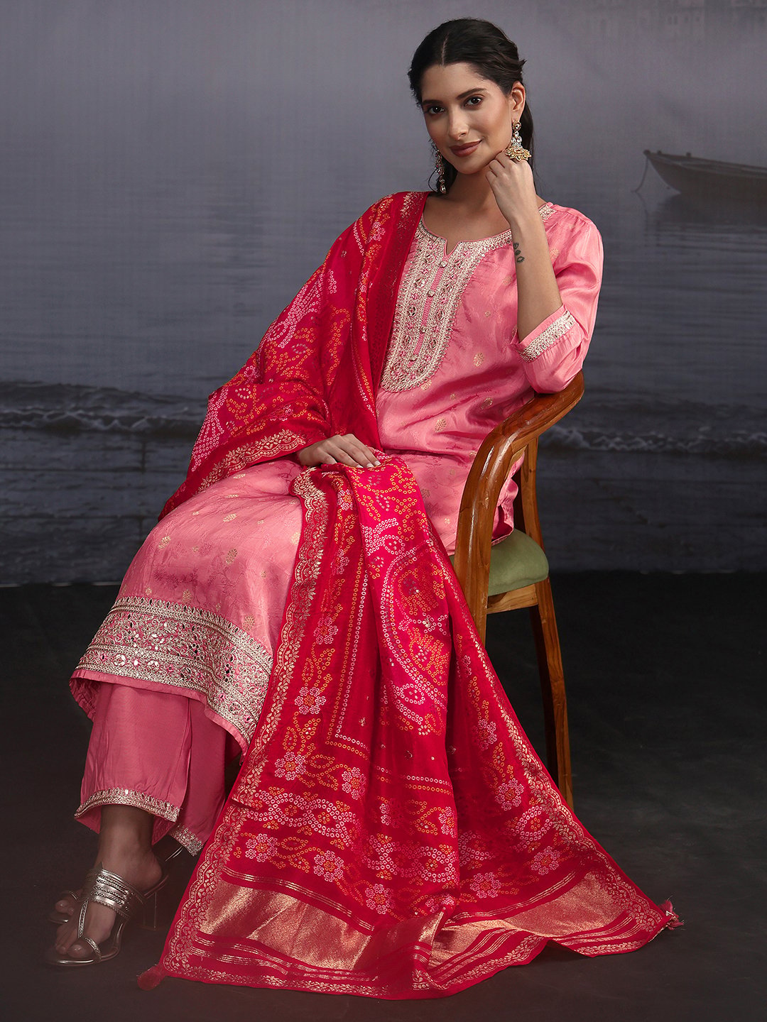 Pink Embroidered Silk Blend Kurta Set with Trousers