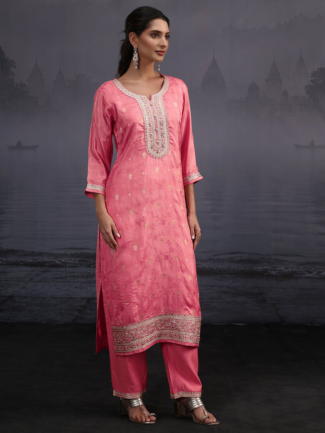 Pink Embroidered Silk Blend Kurta Set with Trousers