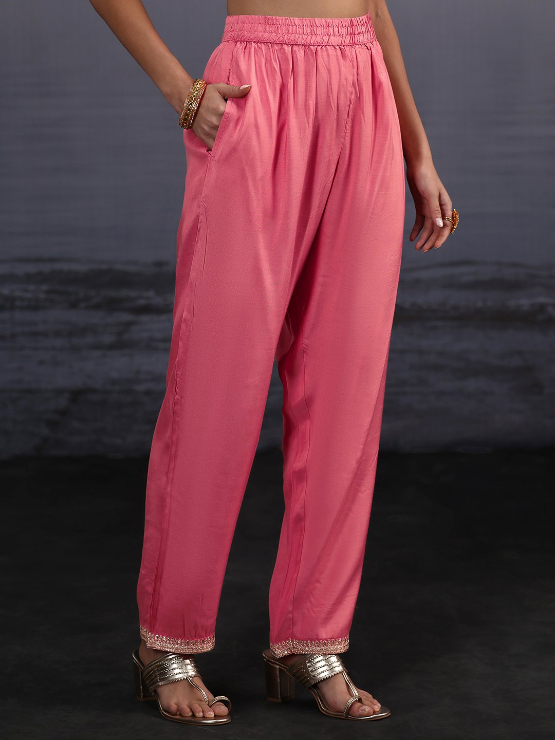 Pink Embroidered Silk Blend Kurta Set with Trousers