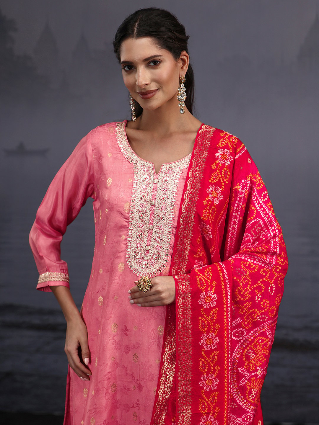 Pink Embroidered Silk Blend Kurta Set with Trousers