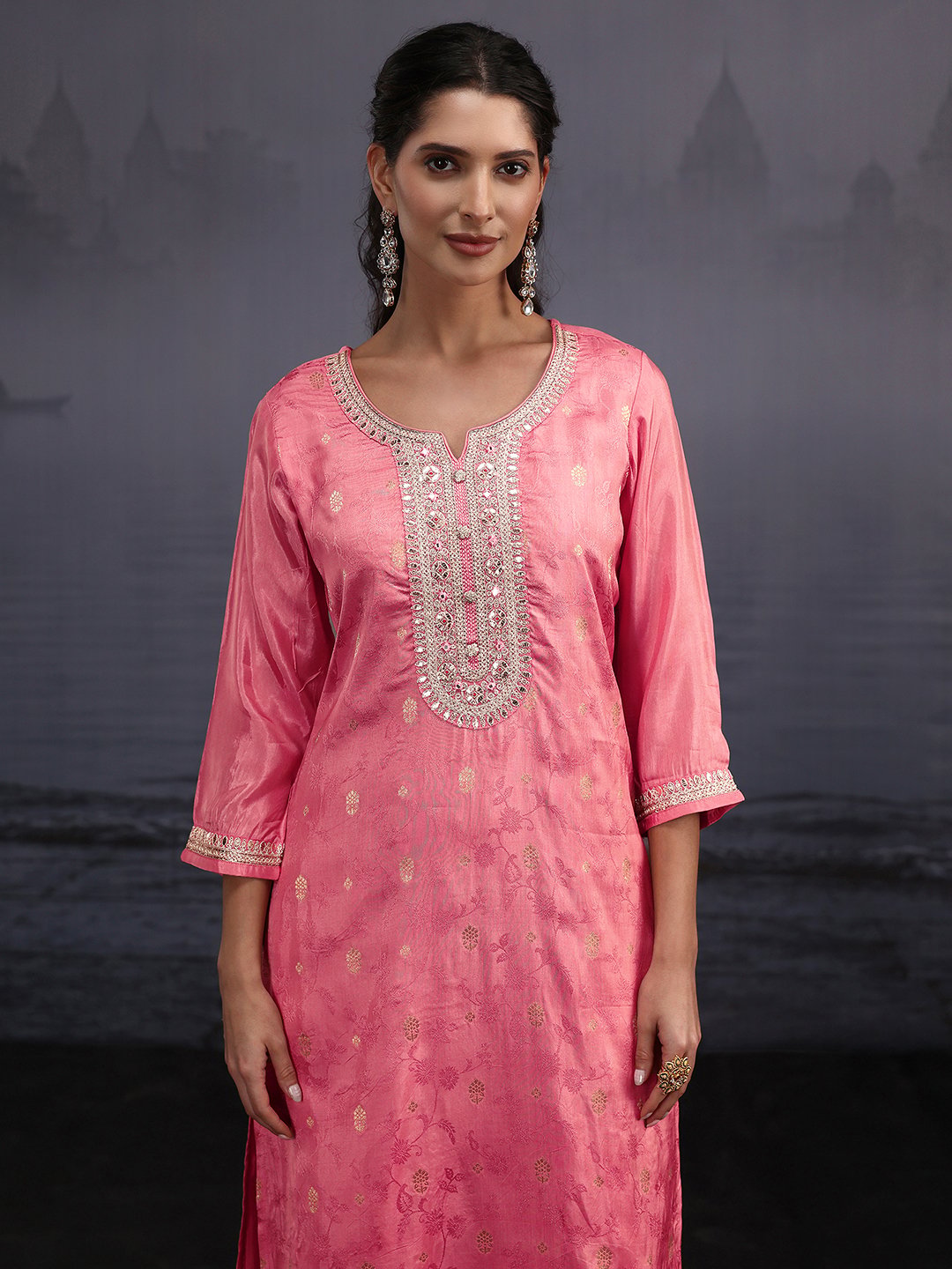 Pink Embroidered Silk Blend Kurta Set with Trousers