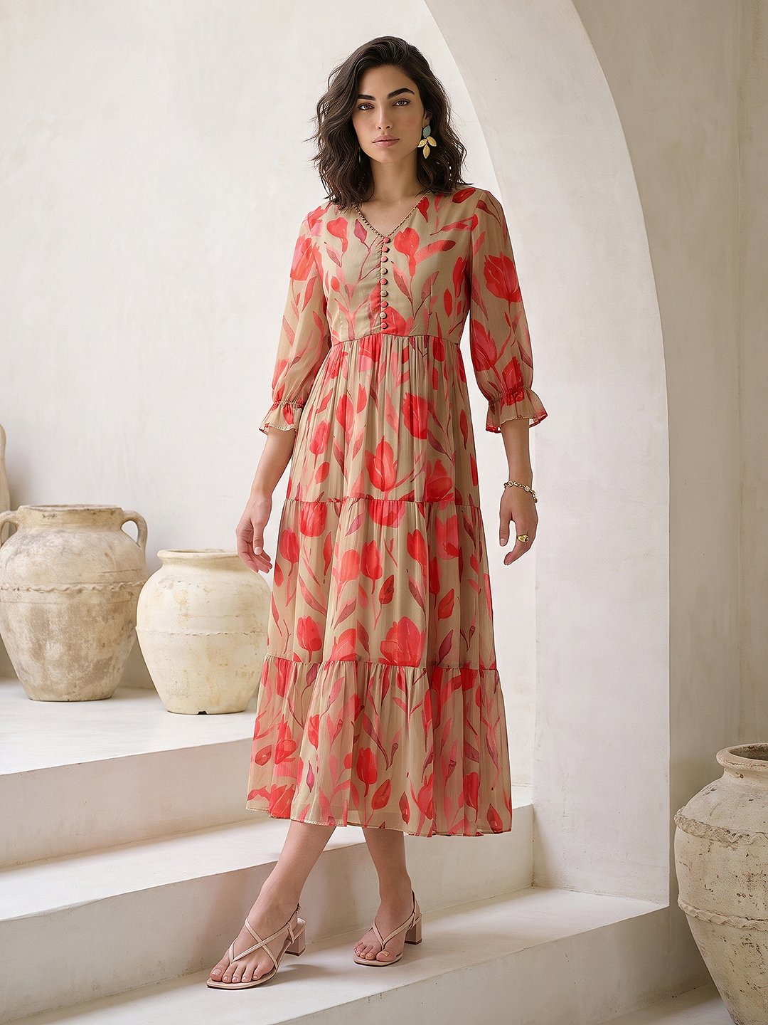 Khaki Chiffon Printed V-Neck Maxi Dress