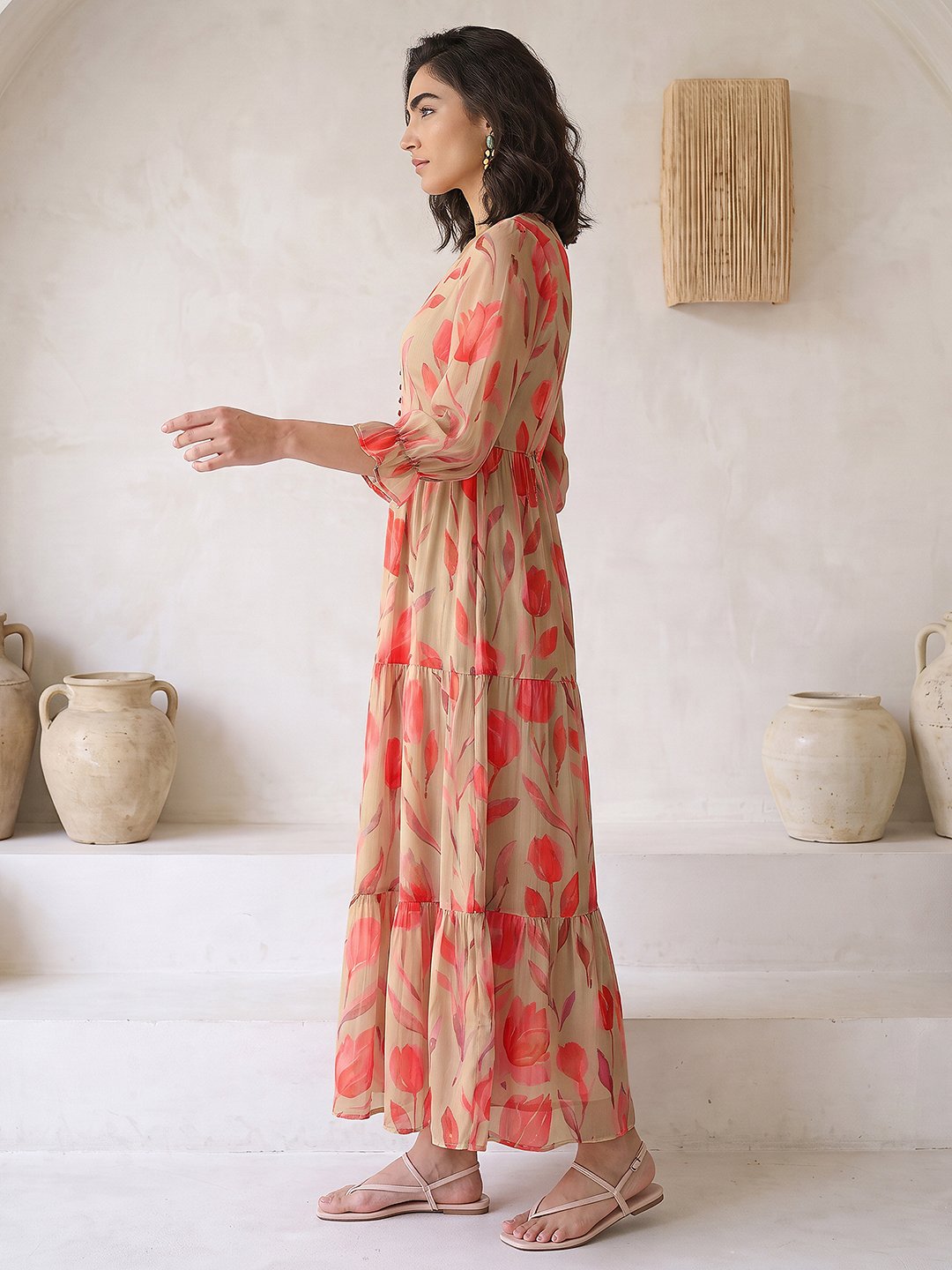 Khaki Chiffon Printed V-Neck Maxi Dress