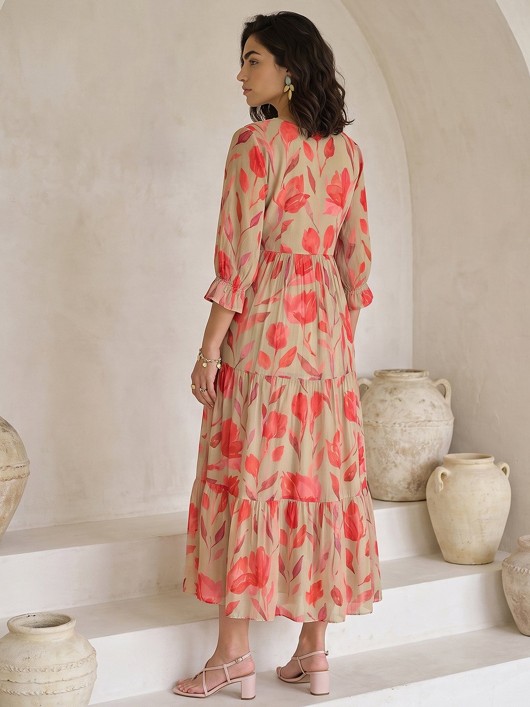 Khaki Chiffon Printed V-Neck Maxi Dress