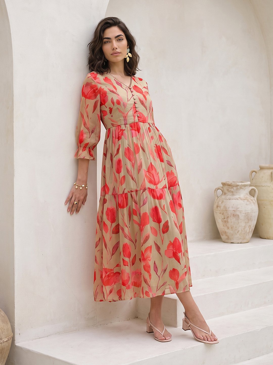 Khaki Chiffon Printed V-Neck Maxi Dress