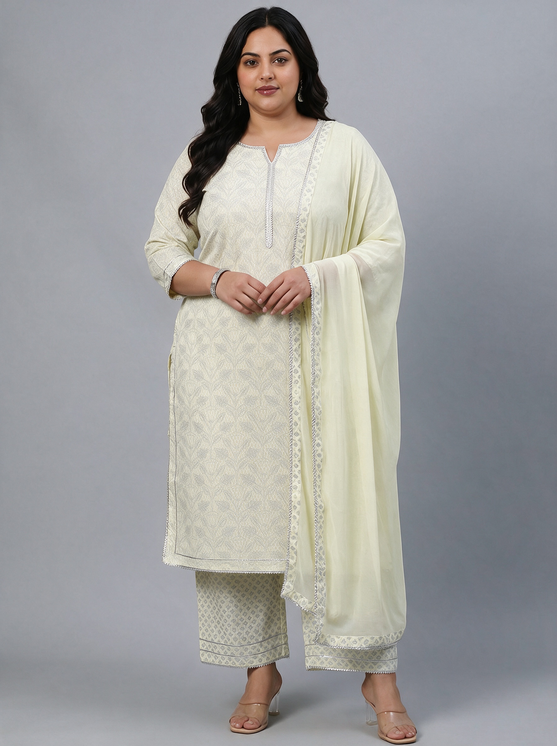 Yellow Printed Rayon Kurta Set with Palazzo and Dupatta