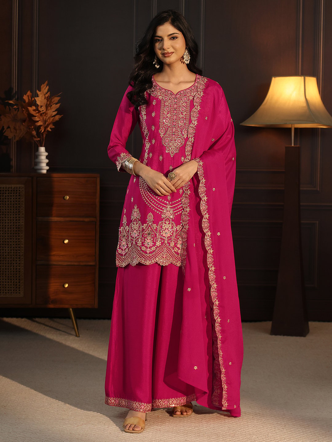 Pink Embroidered Chinon Kurta Set with Palazzo and Dupatta