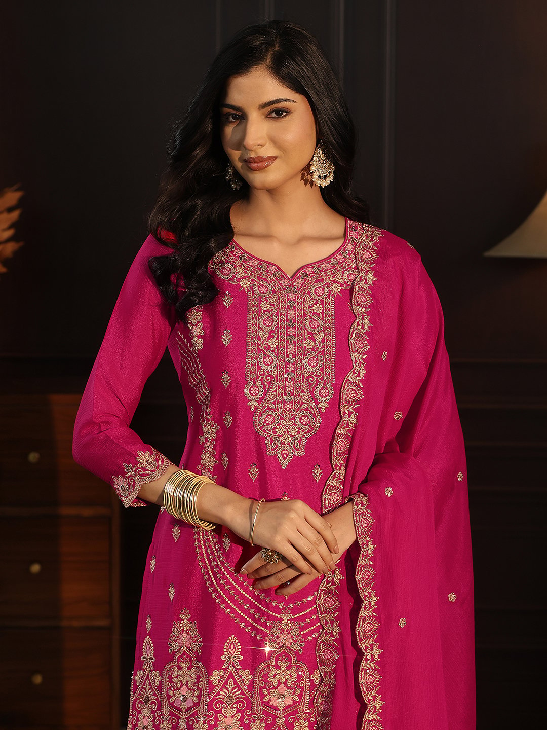 Pink Embroidered Chinon Kurta Set with Palazzo and Dupatta