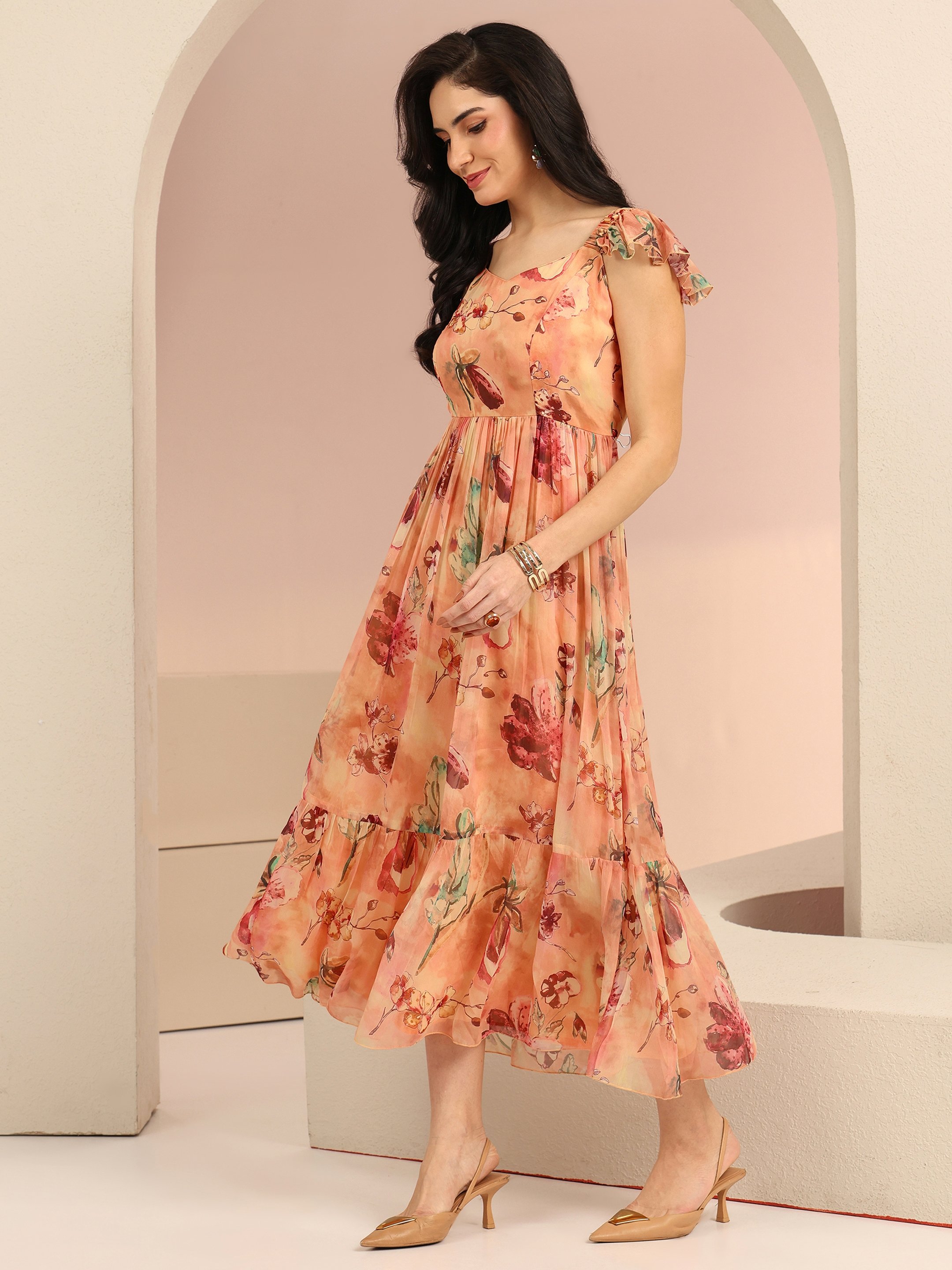 Peach Printed Chiffon Flared Maxi Dress with Sweetheart Neck