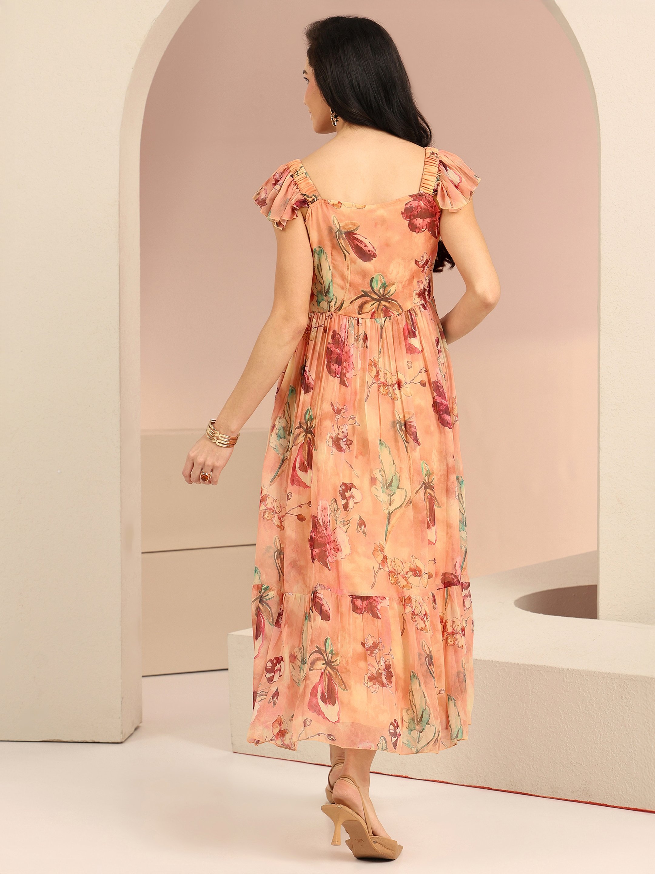 Peach Printed Chiffon Flared Maxi Dress with Sweetheart Neck