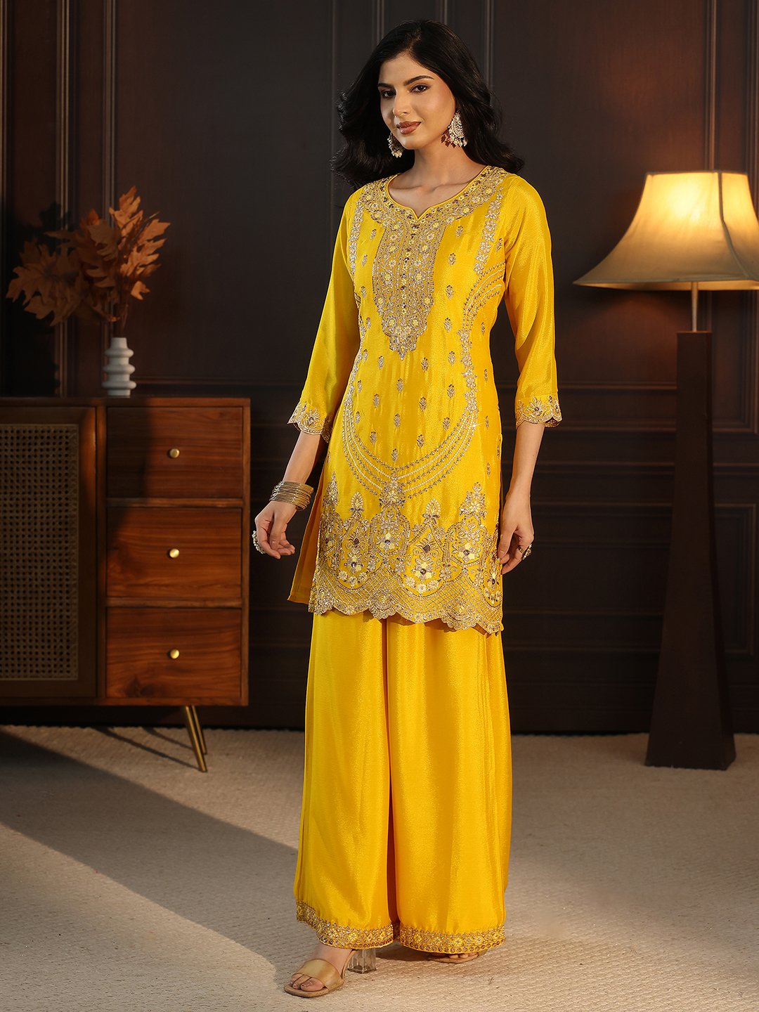 Yellow Embroidered Sharara Set with Dupatta