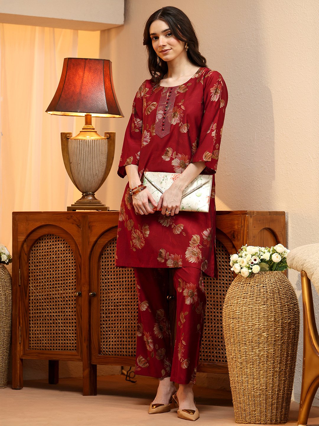Maroon Floral Printed Silk Blend Co-ord Set