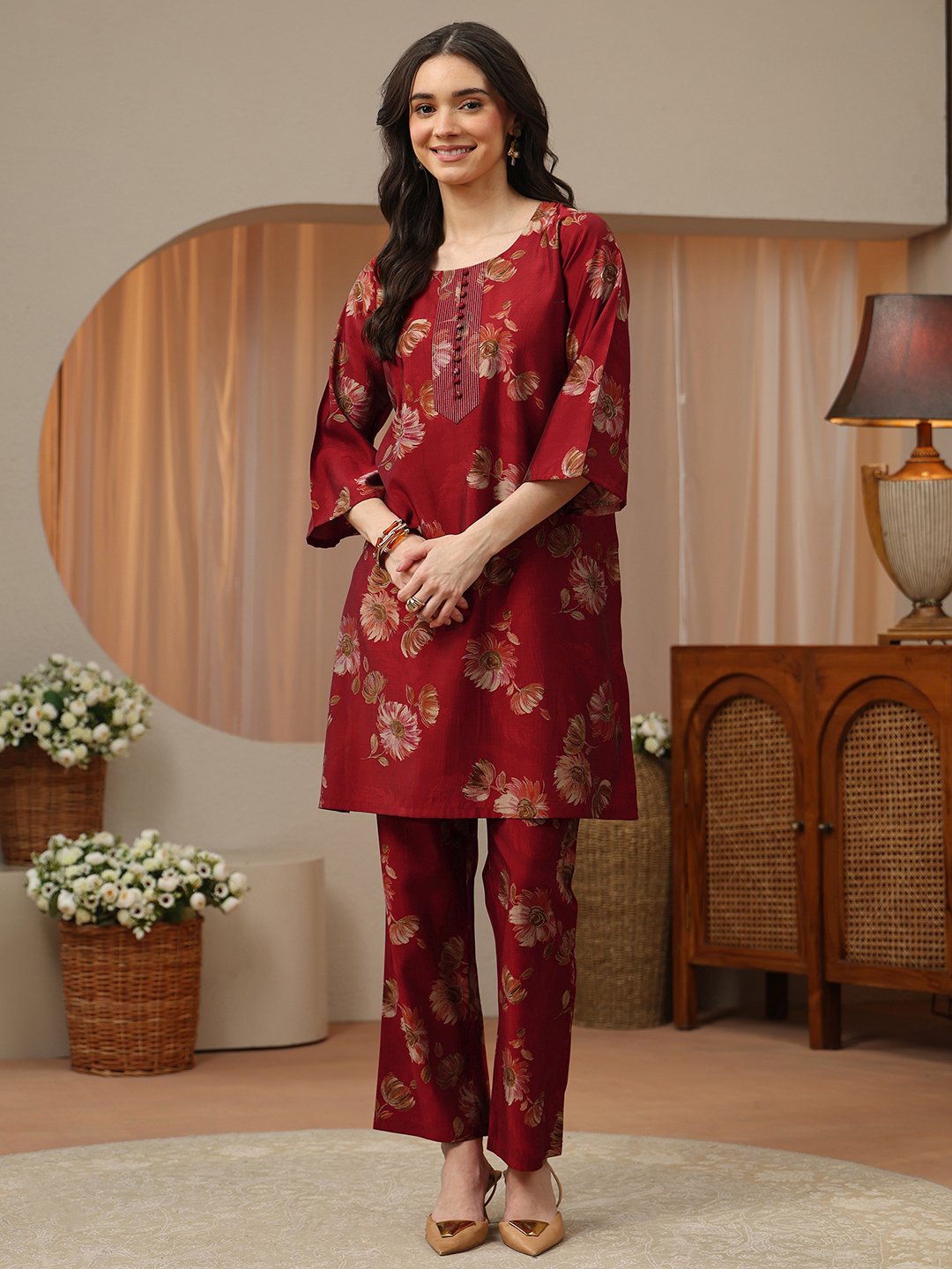 Maroon Floral Printed Silk Blend Co-ord Set