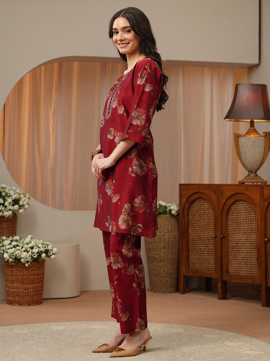 Maroon Floral Printed Silk Blend Co-ord Set