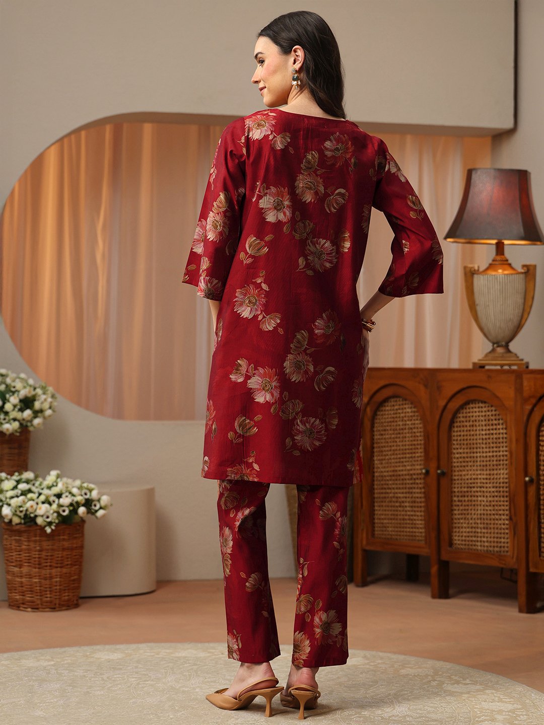 Maroon Floral Printed Silk Blend Co-ord Set
