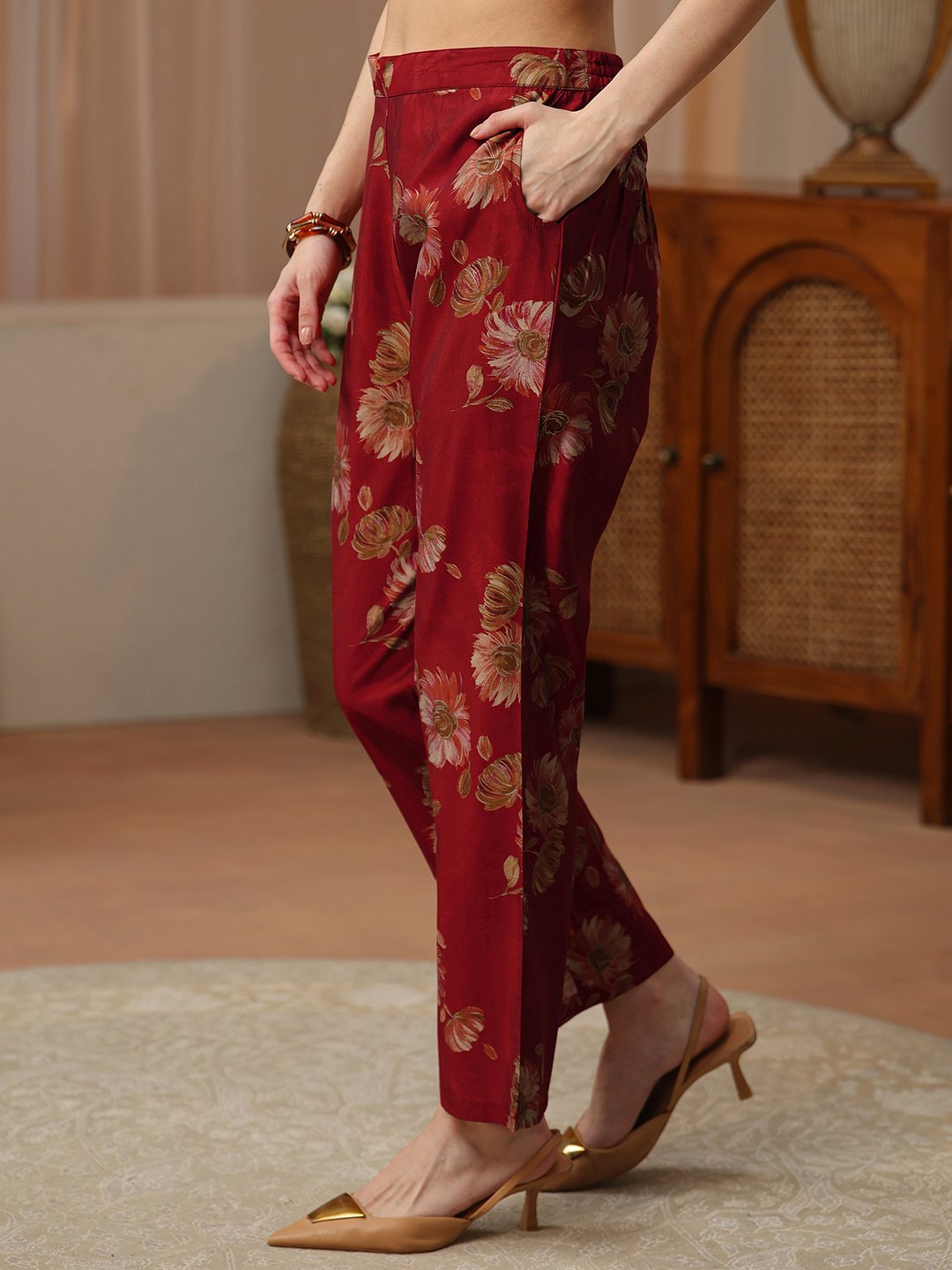 Maroon Floral Printed Silk Blend Co-ord Set