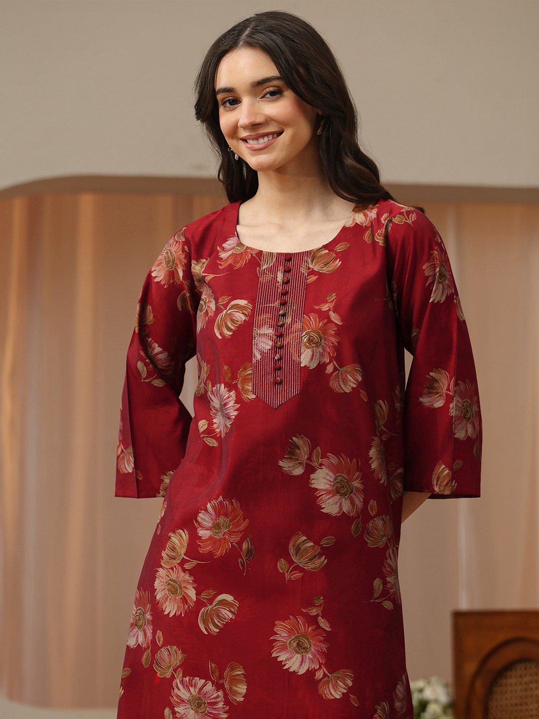 Maroon Floral Printed Silk Blend Co-ord Set