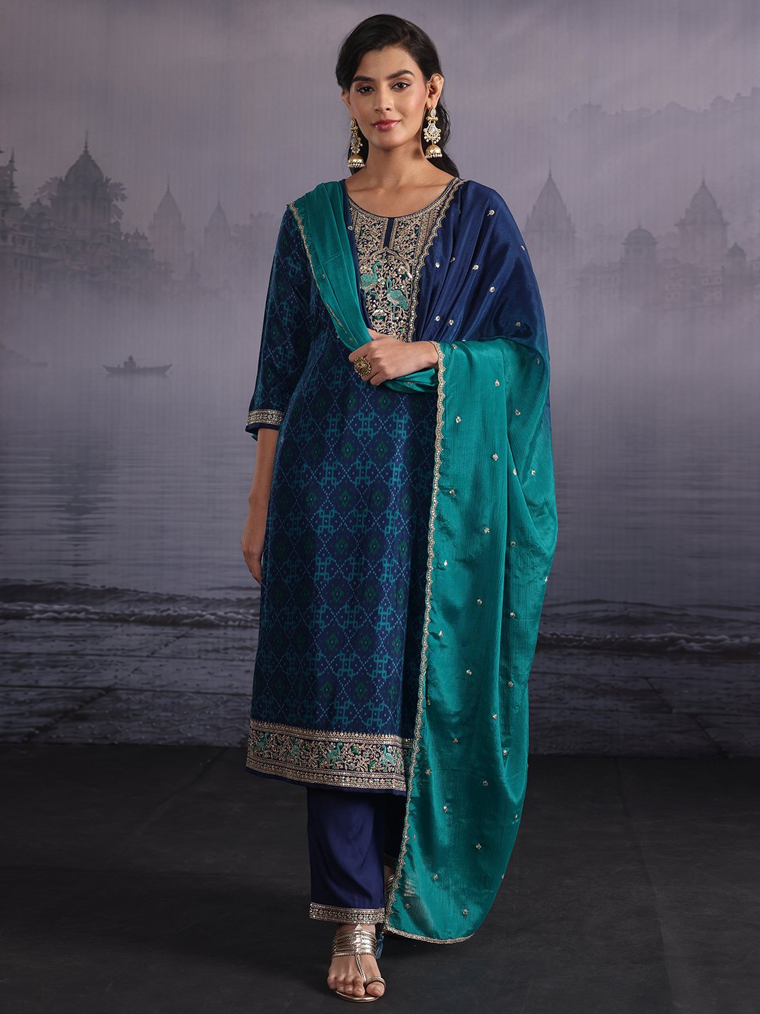 Blue Silk Blend Printed Kurta Set with Trousers and Dupatta