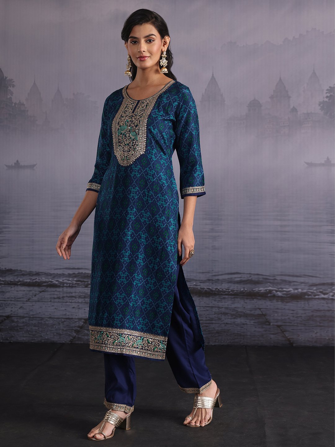 Blue Silk Blend Printed Kurta Set with Trousers and Dupatta