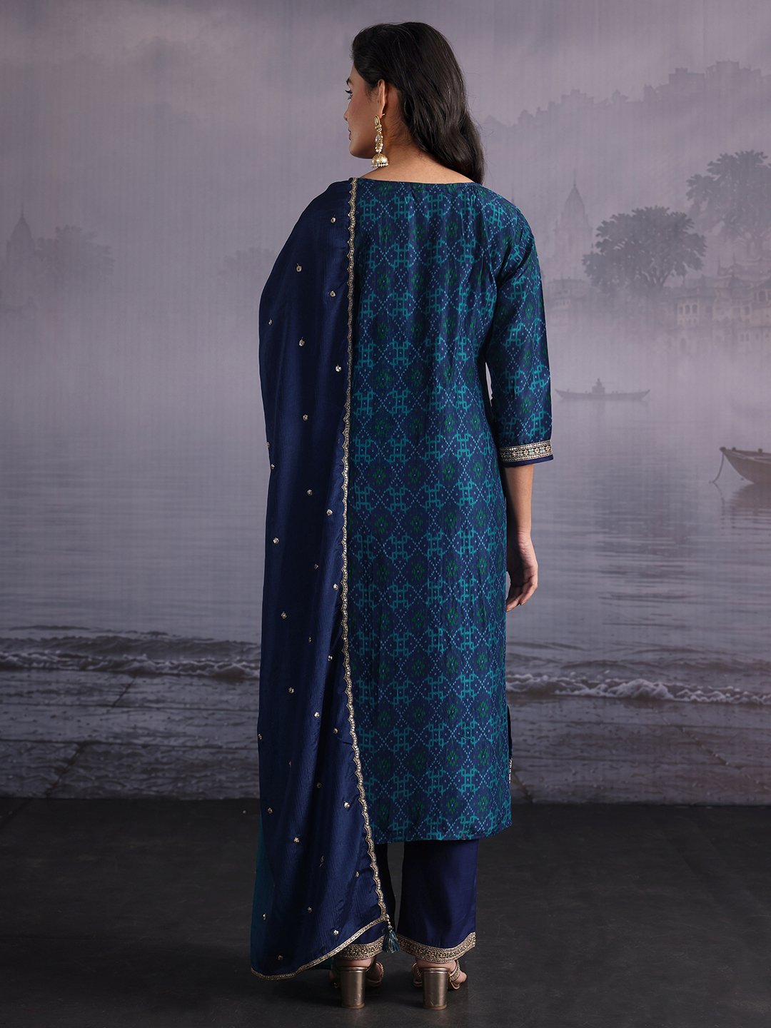 Blue Silk Blend Printed Kurta Set with Trousers and Dupatta