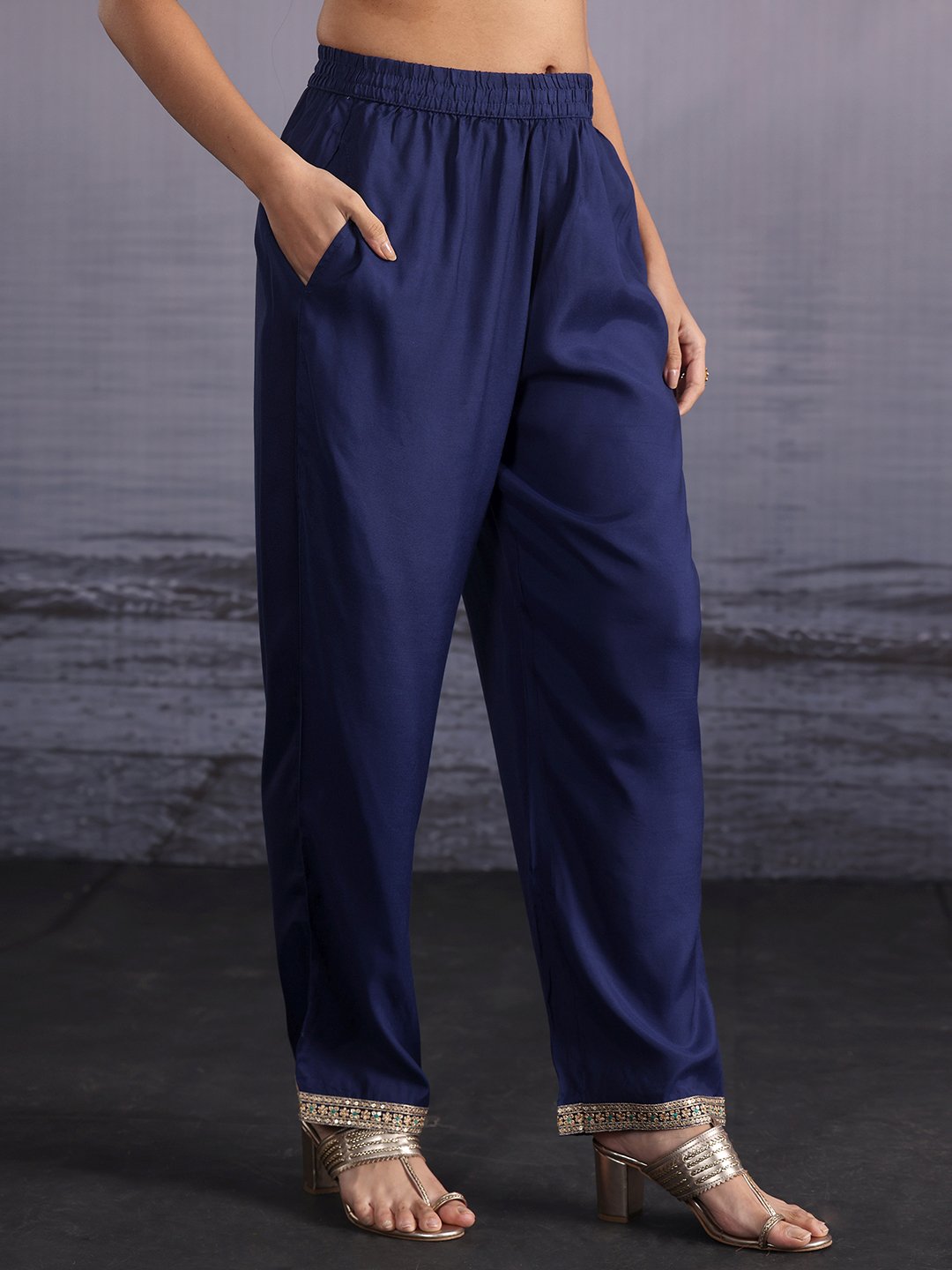 Blue Silk Blend Printed Kurta Set with Trousers and Dupatta
