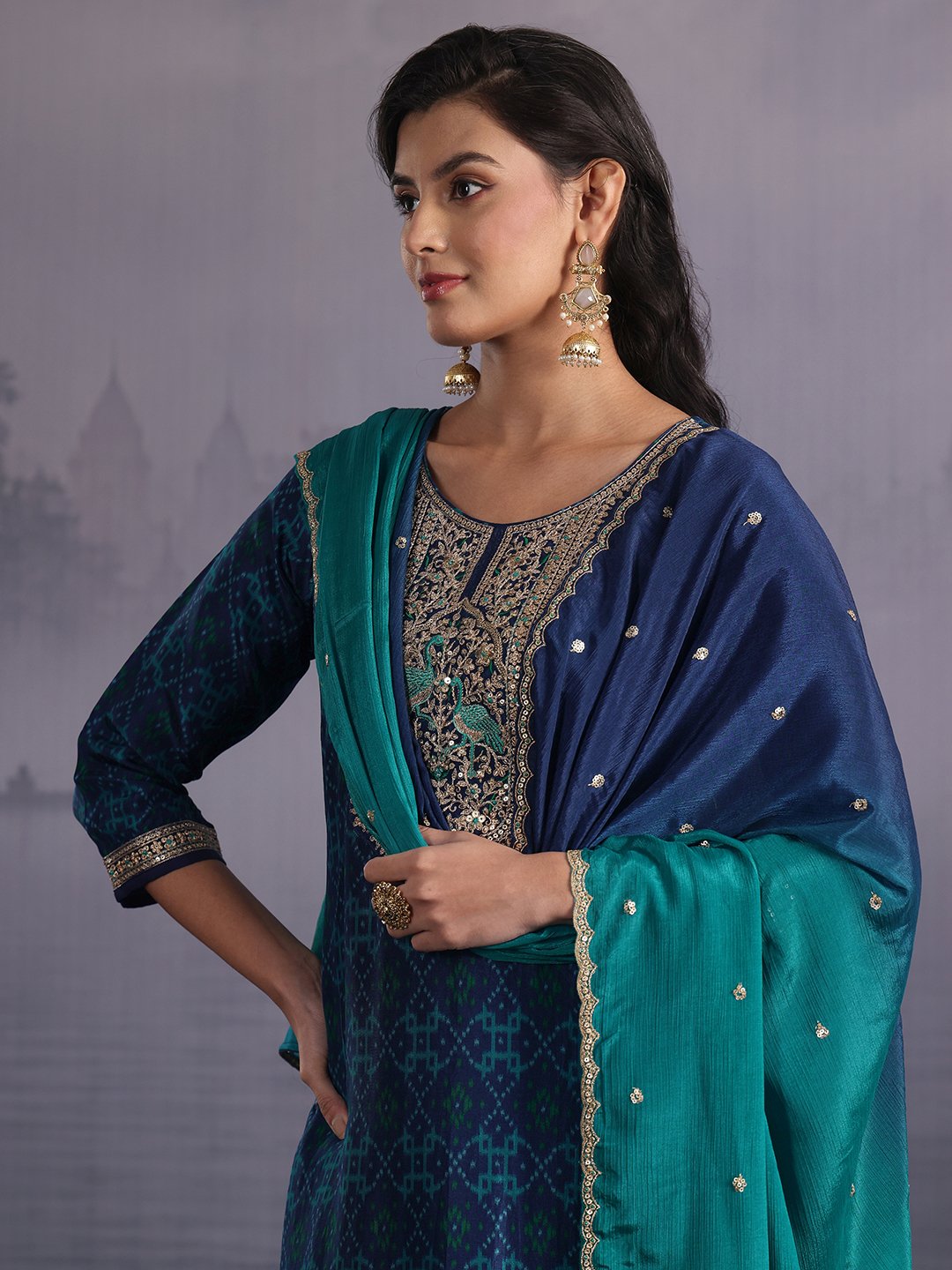 Blue Silk Blend Printed Kurta Set with Trousers and Dupatta