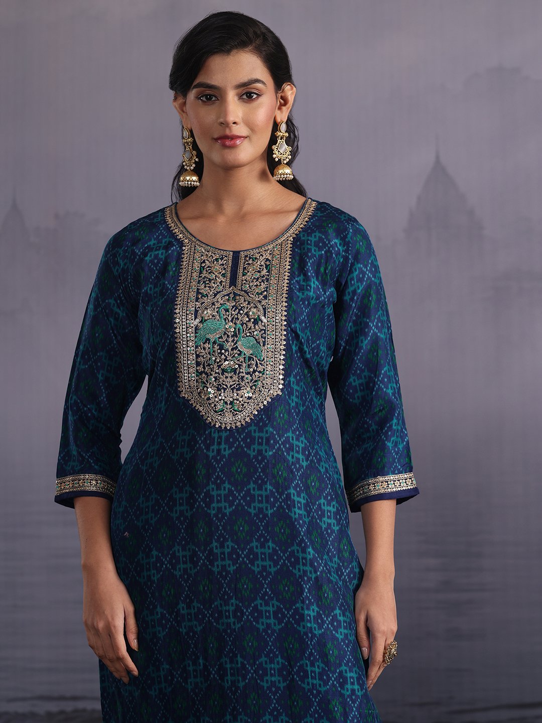 Blue Silk Blend Printed Kurta Set with Trousers and Dupatta