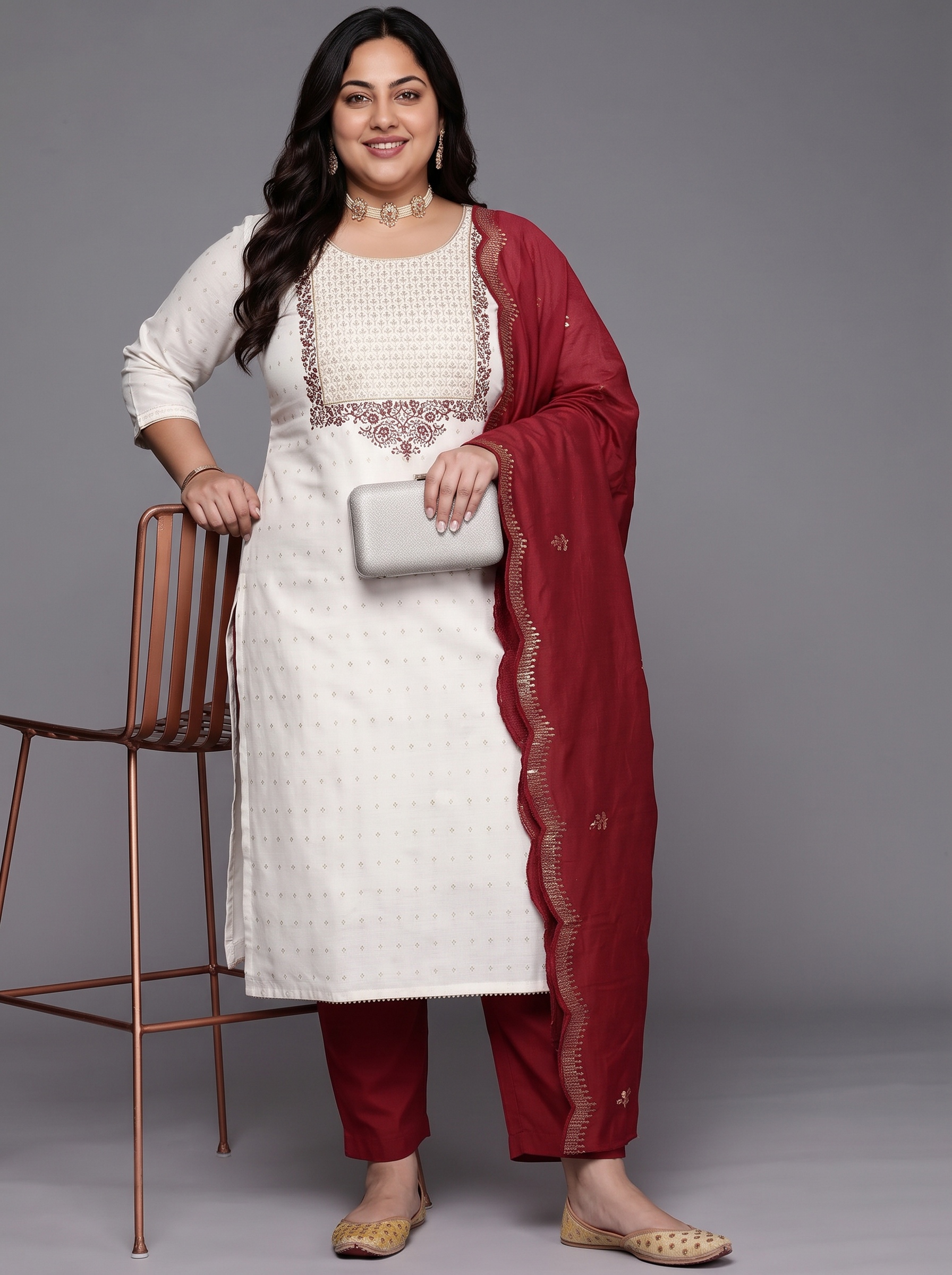 Off-White Embroidered Plus Size Kurta Set with Dupatta and Trousers