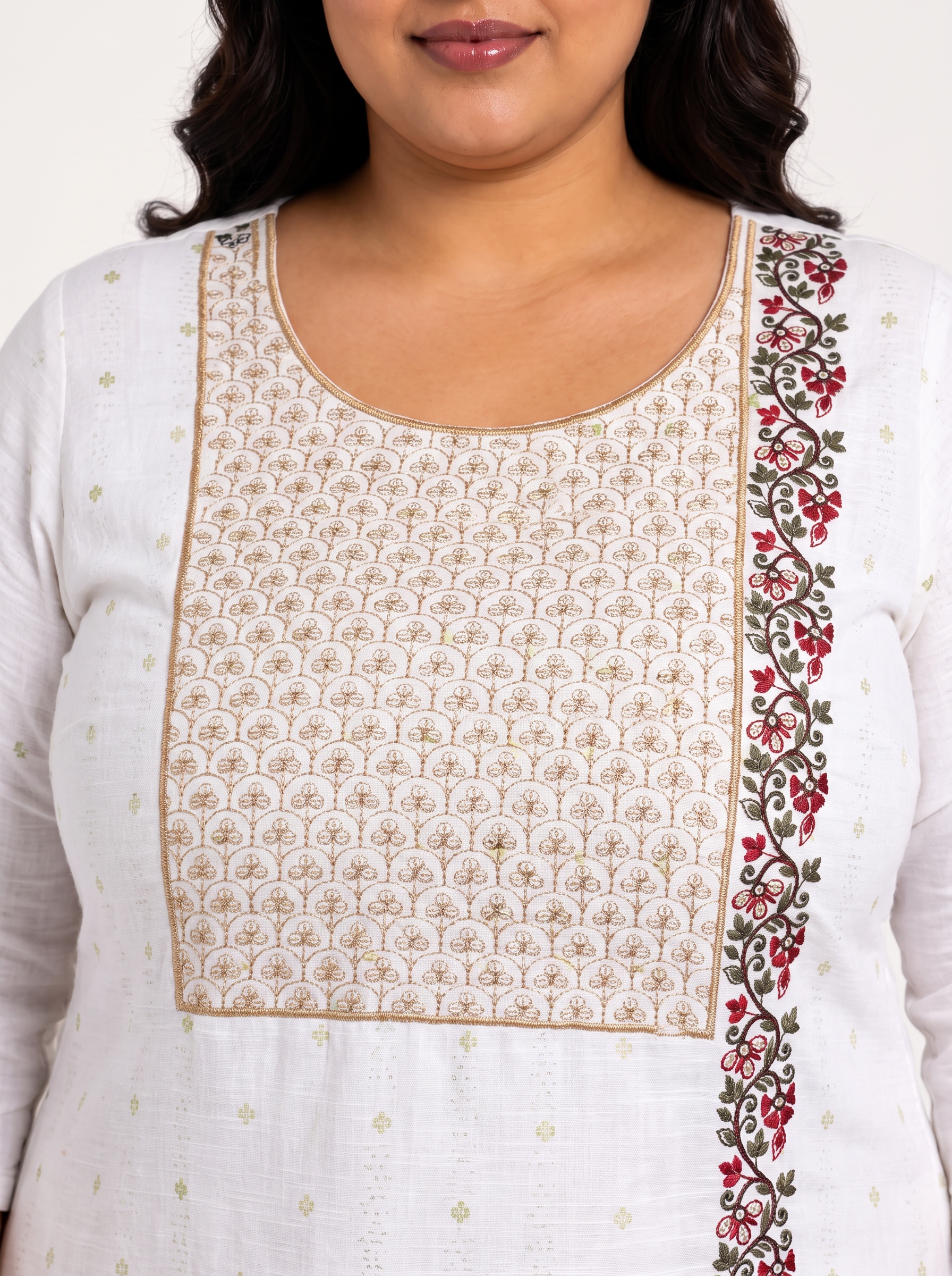 Off-White Embroidered Plus Size Kurta Set with Dupatta and Trousers