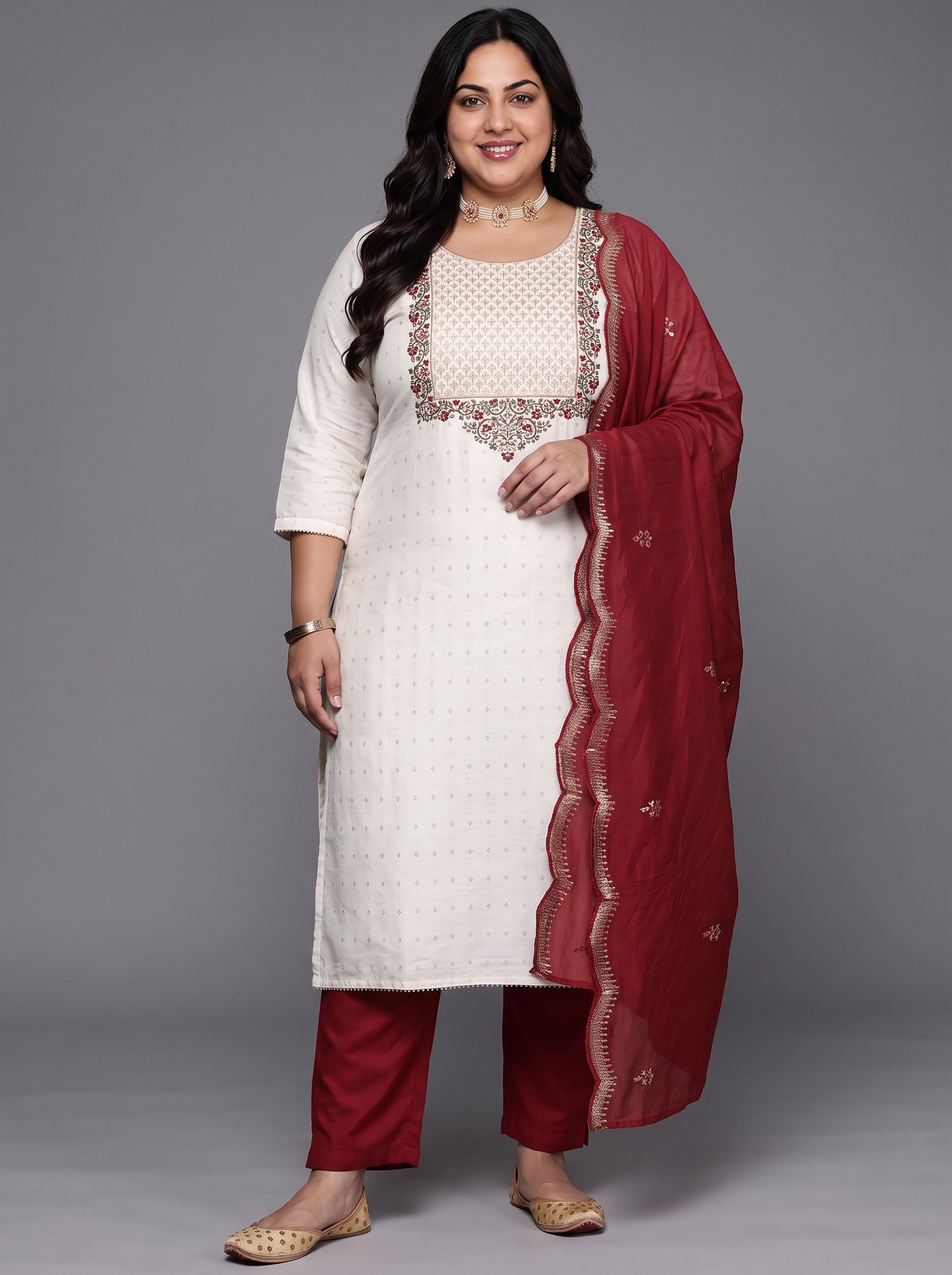 Off-White Embroidered Plus Size Kurta Set with Dupatta and Trousers