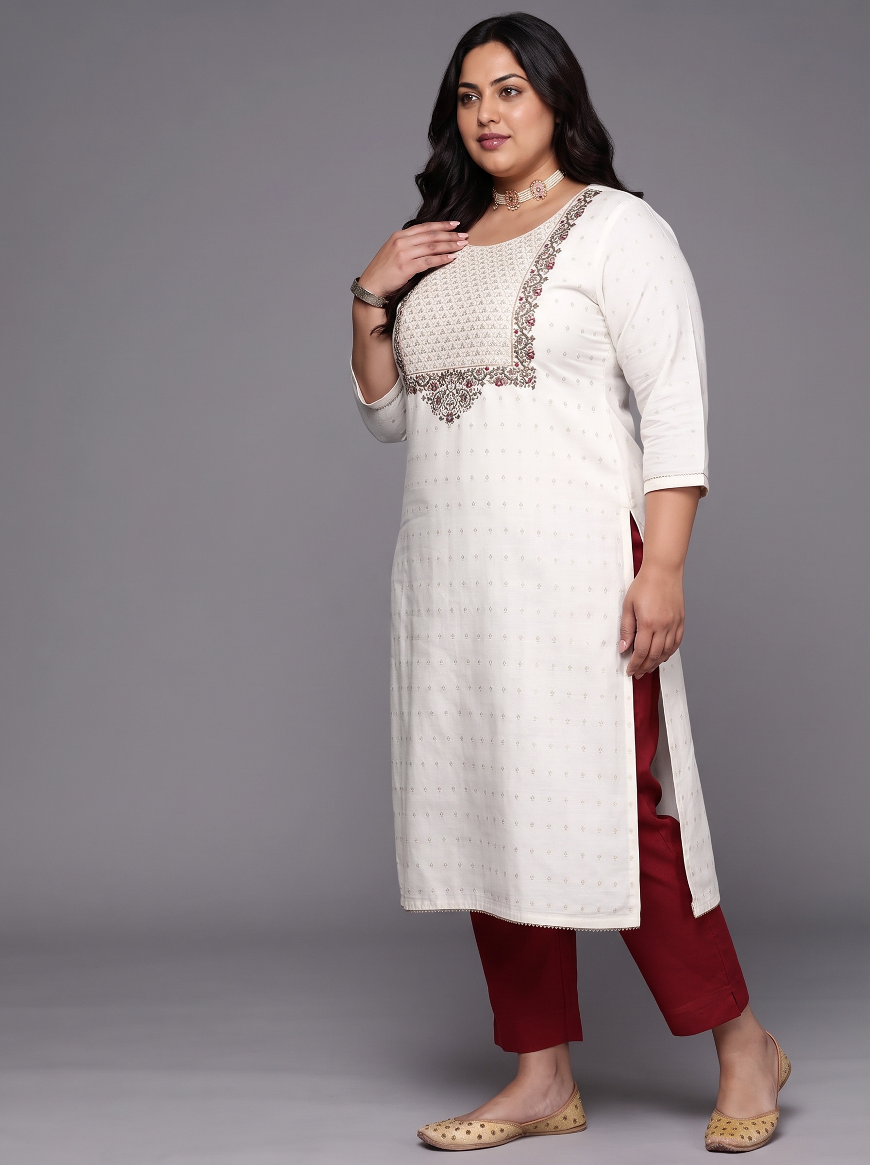 Off-White Embroidered Plus Size Kurta Set with Dupatta and Trousers