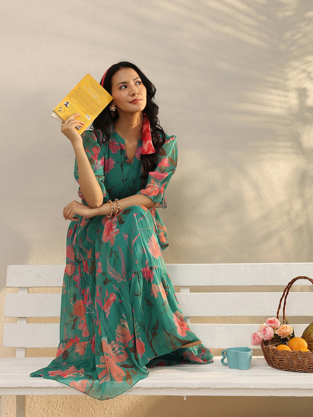 Green Floral Print Chiffon Maxi Dress with Puff Sleeves