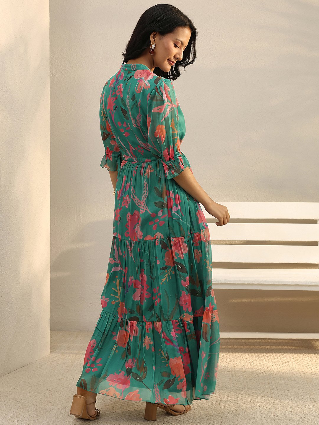 Green Floral Print Chiffon Maxi Dress with Puff Sleeves